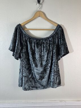 Knox Rose Velvet Off Shoulder Top Womens L Blue Gray Crushed Velour Boho Blouse